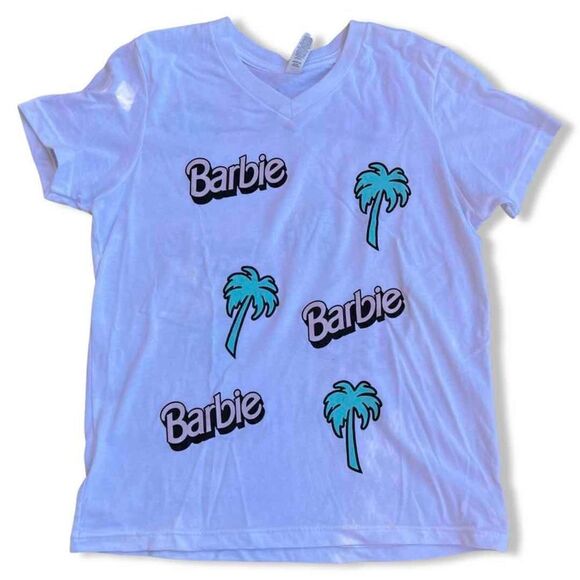 Mattel Barbie Employee Promo ONLY t Shirt Logo & Palm Tree white women V Neck S - Picture 1 of 6